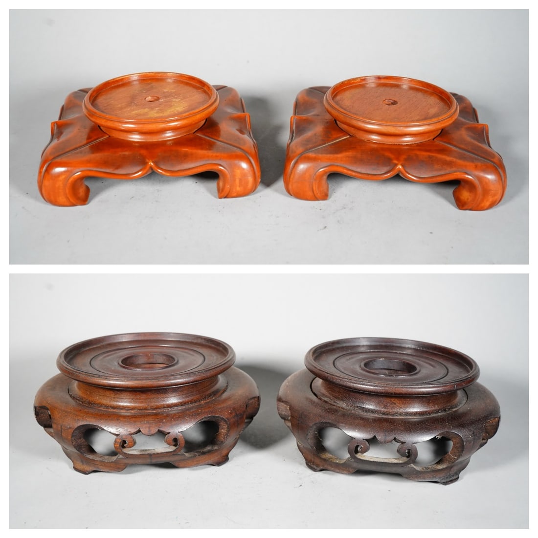 Two Pair of Fine Wooden Carved Round & Square Footy Stands: Two Pair of Fine Wooden Carved Round & Square Footy Stand. Round Stand size: 6"1/2Diameter x 4"H; Square Footy Stand size: 4"1/2Diameter x 2"1/4H