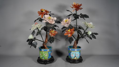 Beautiful Pair of Large Chinese Peony Jade Bonsai Trees in Cloisonné Pots