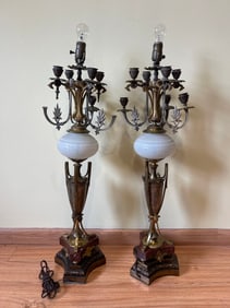 Pair of Antique French Empire Style Brass/Bronze Candelabra Table Lamps w/Marble Base