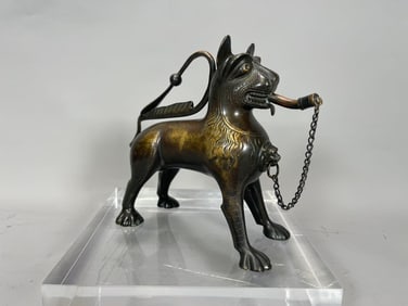 Old Antique Bronze Foo Lion Pouring Vessel/Aquamanile Oil Lamp