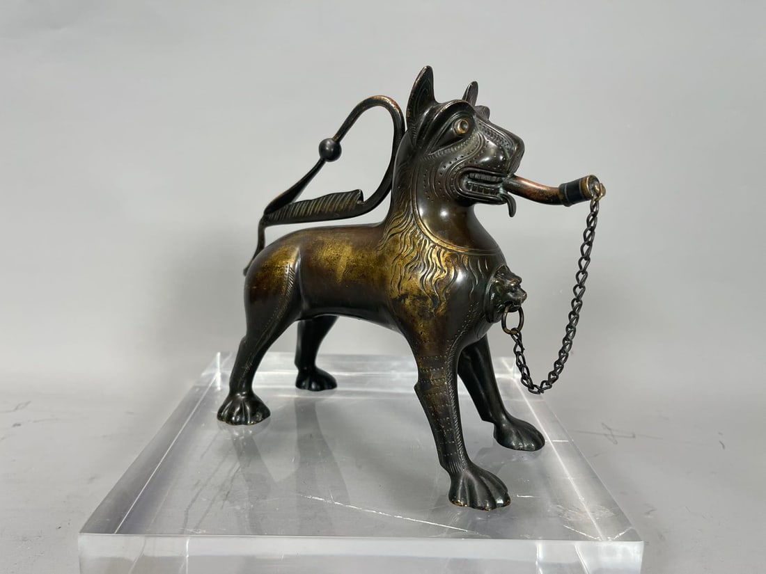 Old Antique Bronze Foo Lion Pouring Vessel/Aquamanile Oil Lamp (1 of 8)