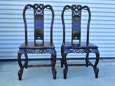 Pair of Vintage Asian Hardwood Carved Bamboo Shape Armchairs.