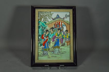 Framed Vintage Chinese Hand-Painted Famille Rose Porcelain Plaque