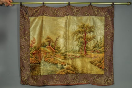 Vintage French Style Silk Tapestry Showing the Peaceful & Beautiful Village Life Scene w/Metal