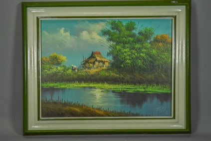 Vintage Oil Painting Signed, A Woman Working On The Field