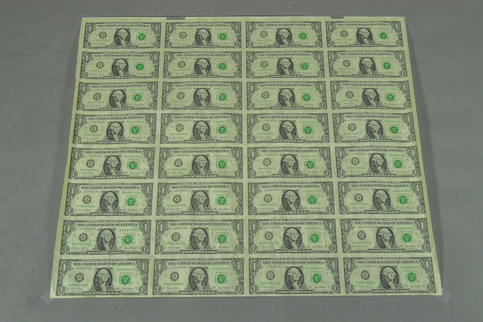 An Uncut Sheet of 2001 United States 32 One-Dollar Bills by BEP (1 of 8)