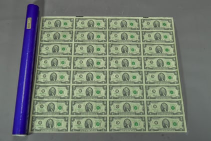 An Uncut Sheet of 1995 United States 32 Two-Dollar Bills by BEP