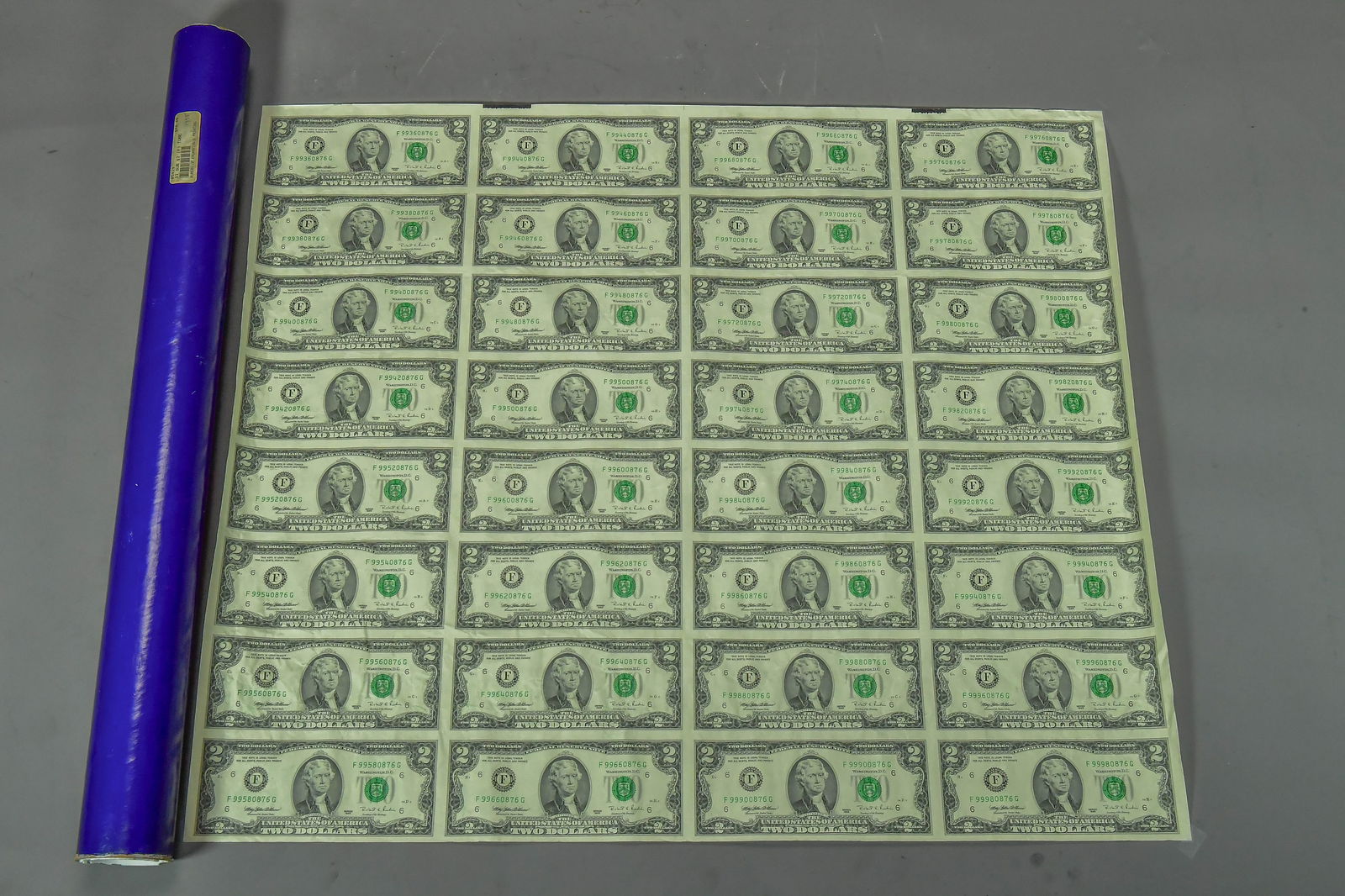 An Uncut Sheet of 1995 United States 32 Two-Dollar Bills by BEP (1 of 7)