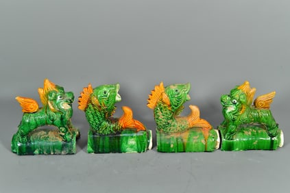 Set of 4 Antique Chinese Ceramic Glazed Koi Fish & Kirin Figural Roof Tiles