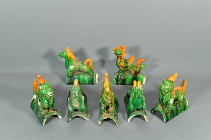 Set of 7 Antique Chinese Ceramic Glazed Animal Figural Roof Tiles