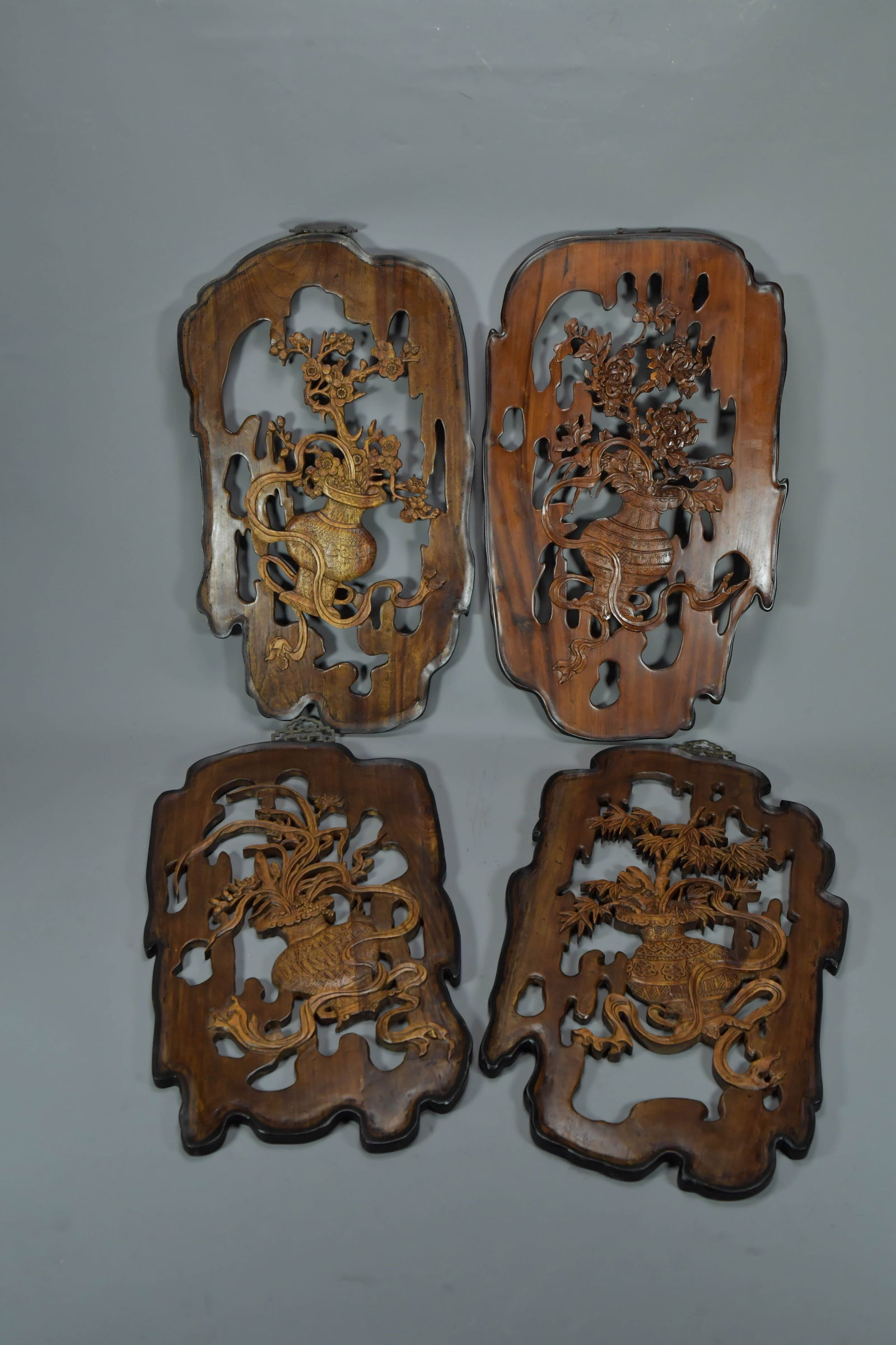 Set of 4 Vintage Asian Wood-Carved Wall Plaques w/Bronze Hook (1 of 9)