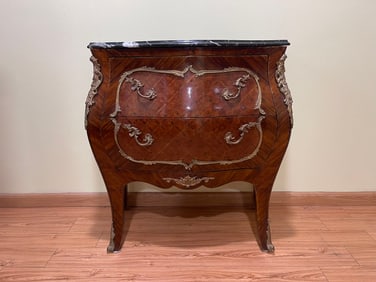 Antique Louis XV Style Gilt Bronze Mounted Bombe Chest w/Marble Top & Two Drawers