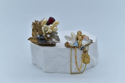 Two Vintage Artisan Hand-Made Unique Brooch & Trinket Box w/Signed & Introduction