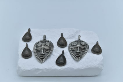 Lot of 7 Old Bronze Metal African Mask Pendants & Water Drop Shape Pendants