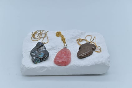 Lot of 3 Opal & Rose Quartz Carved Pendants Silver Clasp w/Gold Tone Chain