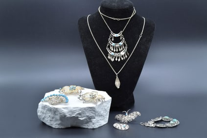 Lot of 8 Vintage Silver Tone Filigree Brooches, Necklaces & Bracelet