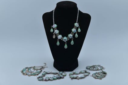 Group of 14 Vintage Hand-Painted Persian Silver Tone Enamel Necklaces Earrings & Bracelets