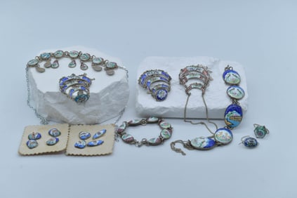 Group of 12 Vintage Hand-Painted Persian Silver Tone Enamel Necklaces Earring Cuffs & Bracelets
