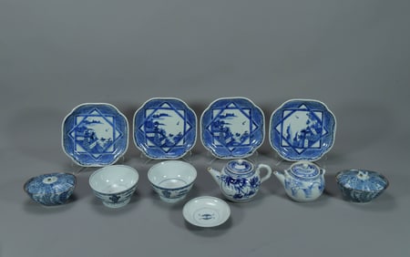 Group of 15 Vintage Japanese Blue & White Porcelain Plates, Bowls & Teapots