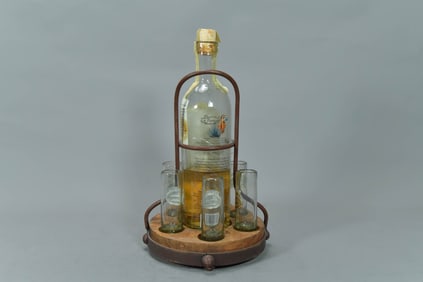 Bottle of Herencia Mexicana Anejo Tequila & Decorative Stand w/Shot Glasses