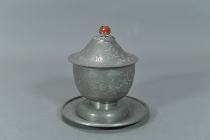 Lot of 3 Vintage Ornate Pewter Inlay Gemstone Lidded Sugar/Candy Jar & Plate