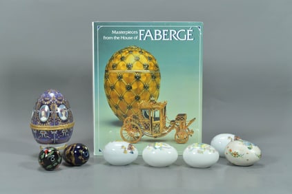 Group of 8 Vintage Hand-Painted Porcelain Easter Eggs & Book "Masterpieces From the House of