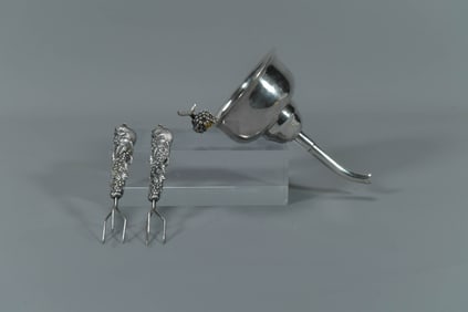 Lot of 3 Vintage Silver Wine Funnel and Pair of Silver Plated Mouse Grape Trident Forks