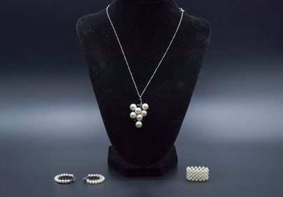 Lot of 4 Finely Vintage Sterling Silver & Pearl Necklace, Earring & Ring