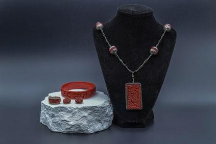 Group of 4 Vintage Chinese Carved Cinnabar Ring, Earrings, Bracelet & Necklace Pendant