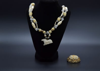 Two Vintage Bone Carved 2 Strands Necklace & Brooch
