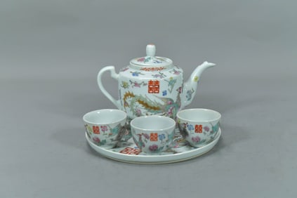 Group of 5 Vintage Chinese Jing De Zhen Dragon & Phoenix Porcelain Tea Set