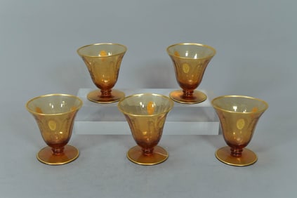 Group of 5 Vintage Gold & Amber Glass Goblets