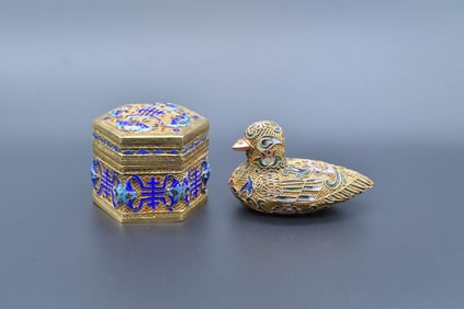 Two Vintage Chinese Enameled Cloisonne Gilt Filigree Duck & Hexagon Trinket Box