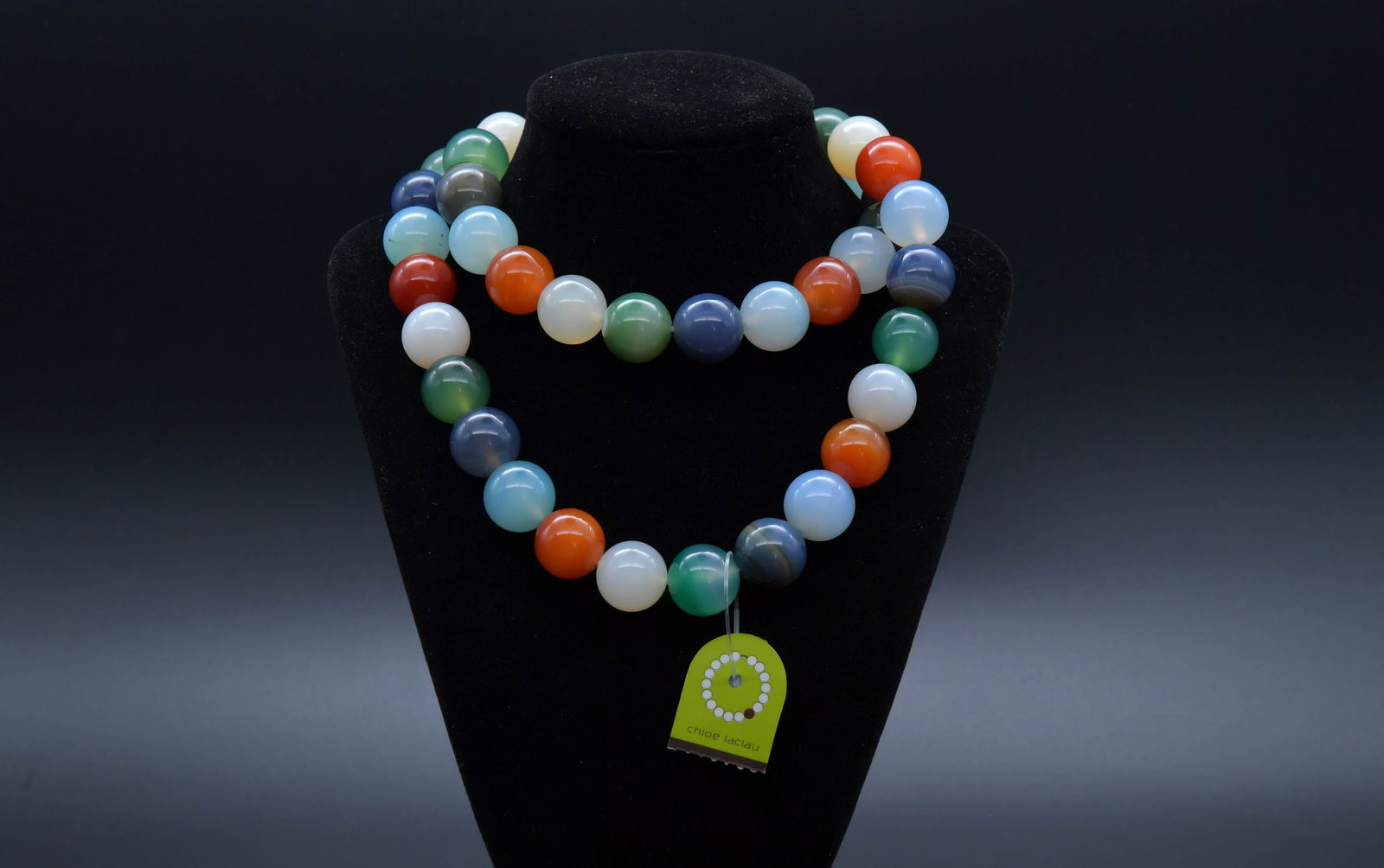 Chloe Laclau Multicolor Natural Gemstone Round Beads Necklace: Chloe Laclau Multicolor Natural Gemstone Round Beads Necklace. This costume jewelry is made of non-precious materials. Beads diameter 16.5mm; Good condition, (Stand Not Included).