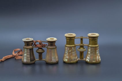Two Vintage Deluxe Brass Mother of Pearl Binoculars Opera Glasses