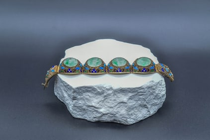 Fine Vintage Chinese Jadeite Silver Gilt Filigree Enamel Bracelet