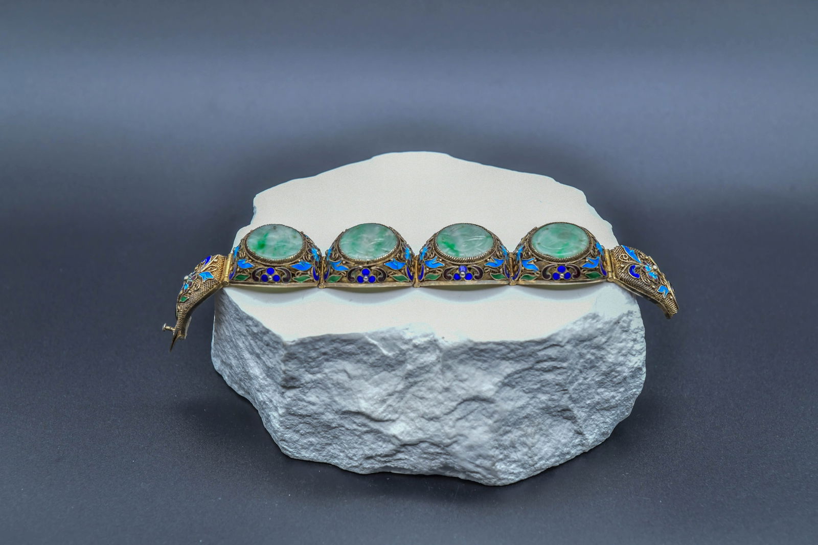 Fine Vintage Chinese Jadeite Silver Gilt Filigree Enamel Bracelet (1 of 6)