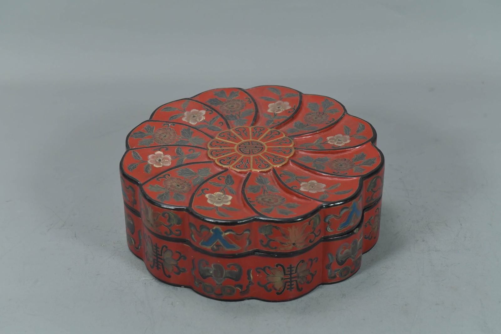Old Chinese Hand-Painted Red Wooden Lacquered Round Floral Box (1 of 6)