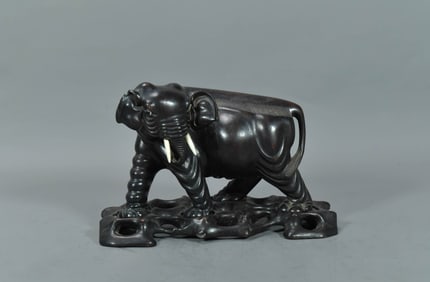 Vintage Asian Hand-Carved Wooden Elephant Figurine w/Matching Stand