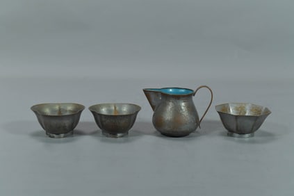 Group of 4 Vintage Chinese Brass Cream Pitcher & Cups "CHINA" Mark