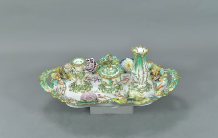 Finely Antique English Coalbrookdale Porcelain Tray w/Matching Inkwell/Candlestand/Vase