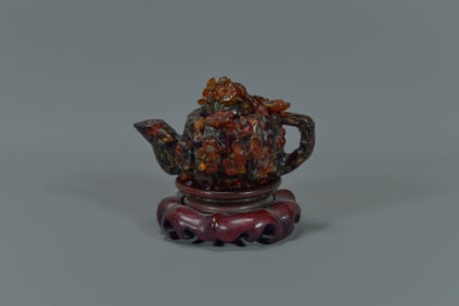 Beautiful Antique Chinese Amber Carved Miniature Teapot w/Lid