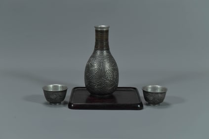Lot of 3 Antique Signed Japanese Tin/Pewter Sake Set w/Etched Decorative Patterns