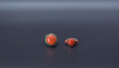 Two Fine Vintage Silver & Silver Tone Natural Red Coral Rings