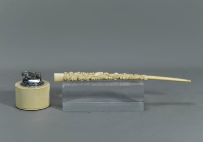 Fine Antique Chinese/Japanese Mammoth Carved Dragon Cigarette Holder & Table Lighter