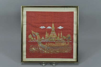 Framed Vintage Thai Red Silk Painting "Royal Barge"