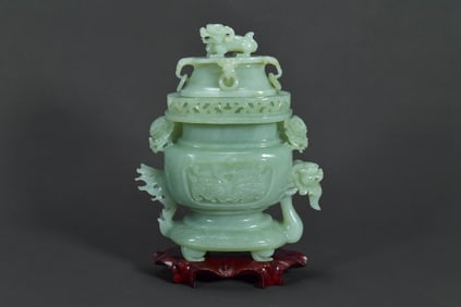 Vintage Chinese Hand-Carved Jade Incense Burner with Fitted Wood Stand