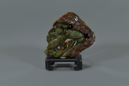 Vintage Chinese Jade Carved Birds & Floral Sculpture