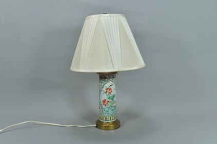 Vintage Chinese Famille Rose Porcelain Cylinder Vase Mounted as a Lamp w/Lamp Shade
