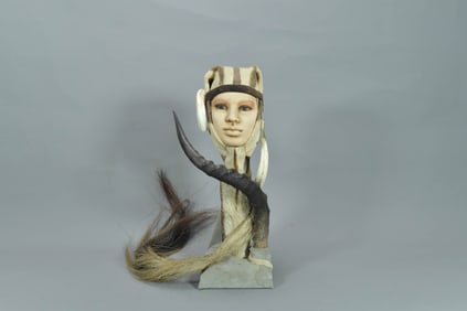 Vintage Native American Art Decorated w/Animal Tail Fur, Skin & Antelope Horn